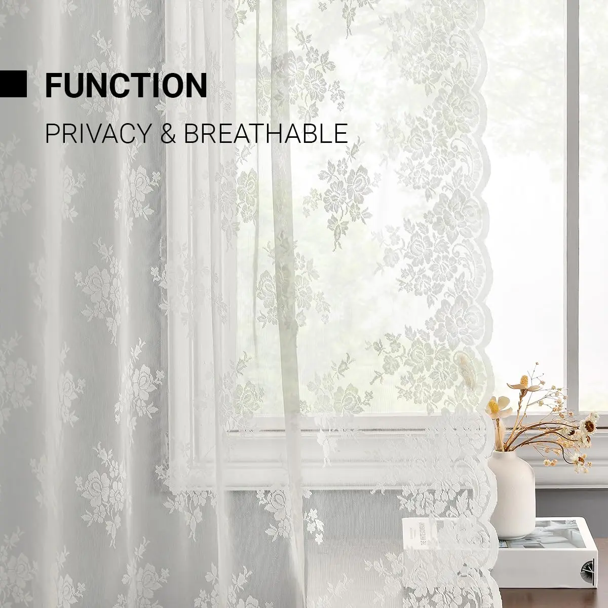 Kotile Ivory Lace Curtains for Bedroom, Vintage Floral, 52x84 Inch 2 Panels | Sheer Floral Lace for Elegant Windows - view 4