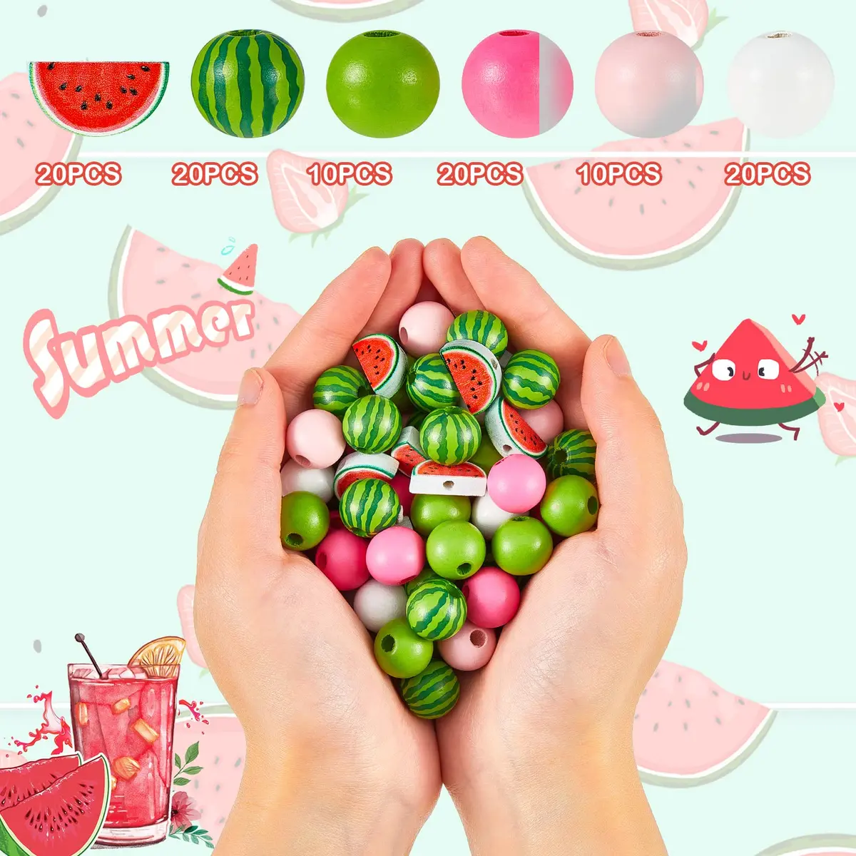 Yookeer Watermelon Wooden Beads 16 mm | Summer Multi-Colored Round Jewelry Craft Kit - view 3