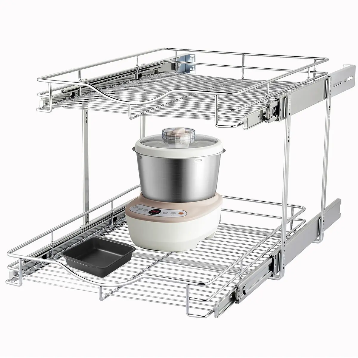 DINDON 2 Tier Pull Out Cabinet Organizer 20" W x 18" D Chrome | Double Tier Wire Basket for Kitchen & Bathroom - main product image