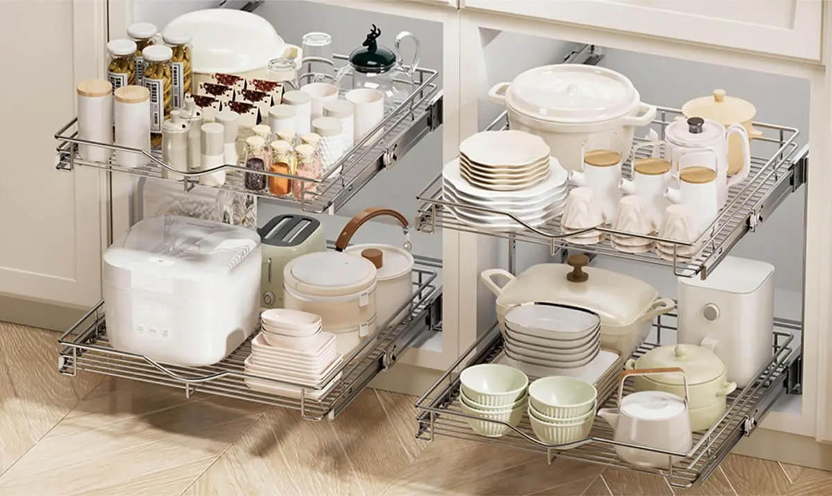 DINDON 2 Tier Pull Out Cabinet Organizer 20" W x 18" D Chrome | Double Tier Wire Basket for Kitchen & Bathroom - view 7
