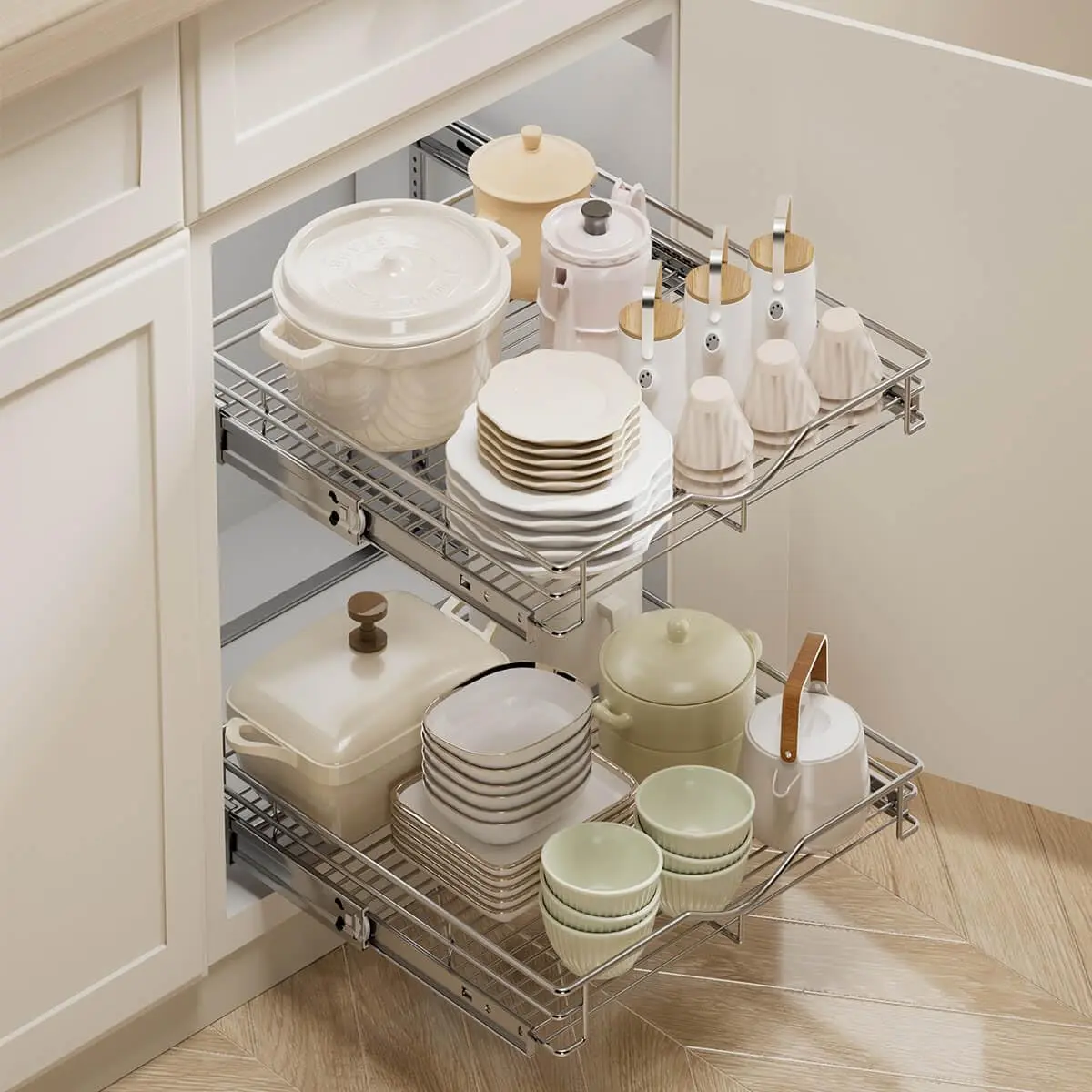 DINDON 2 Tier Pull Out Cabinet Organizer 20" W x 18" D Chrome | Double Tier Wire Basket for Kitchen & Bathroom - view 2