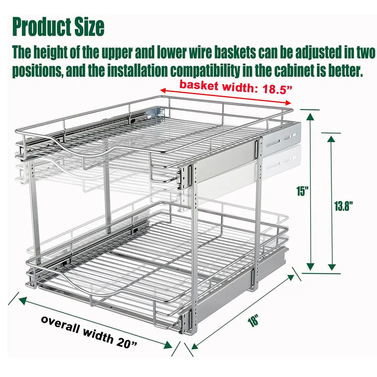 DINDON 2 Tier Pull Out Cabinet Organizer 20" W x 18" D Chrome | Double Tier Wire Basket for Kitchen & Bathroom - view 3