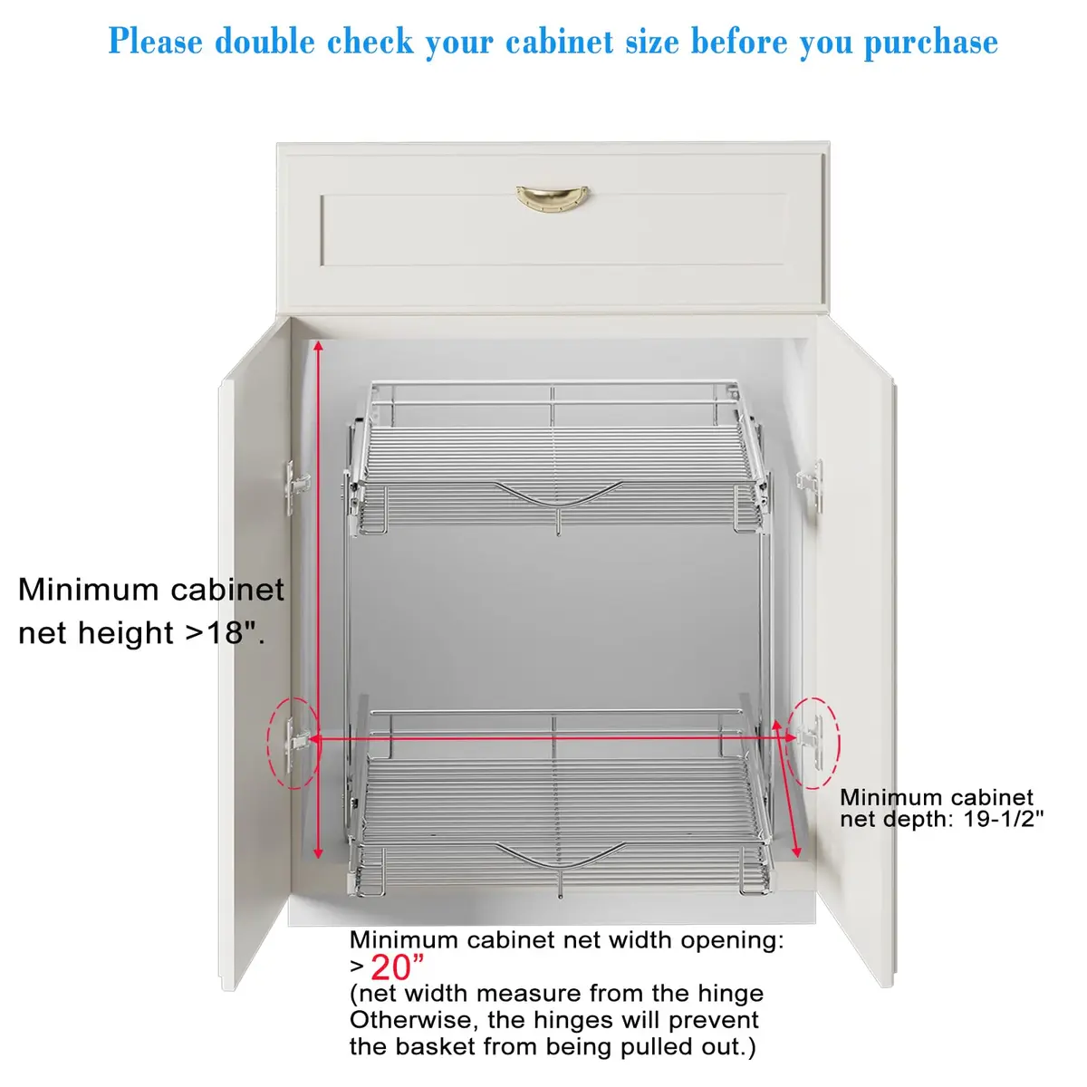 DINDON 2 Tier Pull Out Cabinet Organizer 20" W x 18" D Chrome | Double Tier Wire Basket for Kitchen & Bathroom - view 4