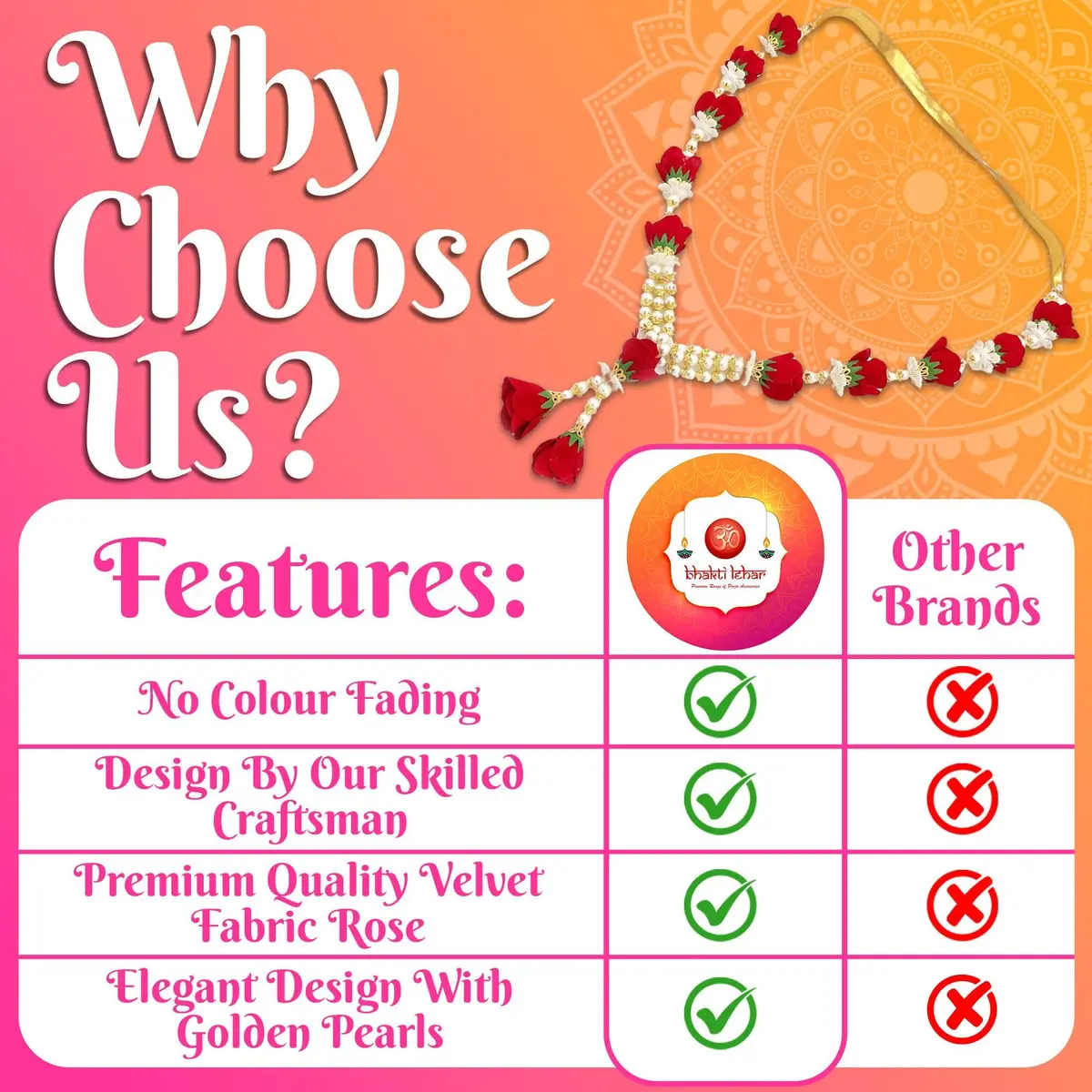 Bhakti Lehar Artificial Velvet Rose Garland 16 Inch | Red & White Gold - view 5