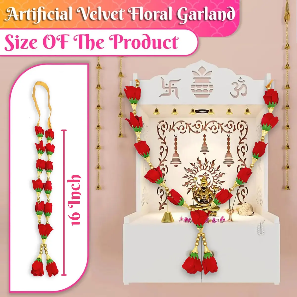 Bhakti Lehar Artificial Velvet Rose Garland 16 Inch | Red & White Gold - view 2