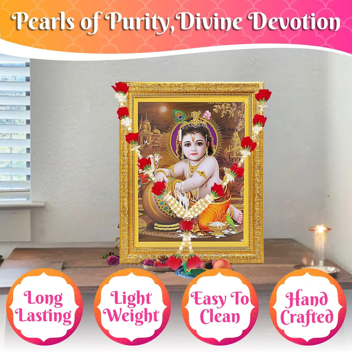 Bhakti Lehar Artificial Velvet Rose Garland 16 Inch | Red & White Gold - view 3
