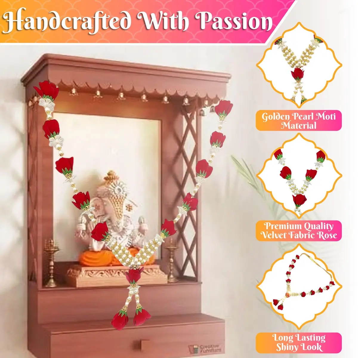 Bhakti Lehar Artificial Velvet Rose Garland 16 Inch | Red & White Gold - view 4
