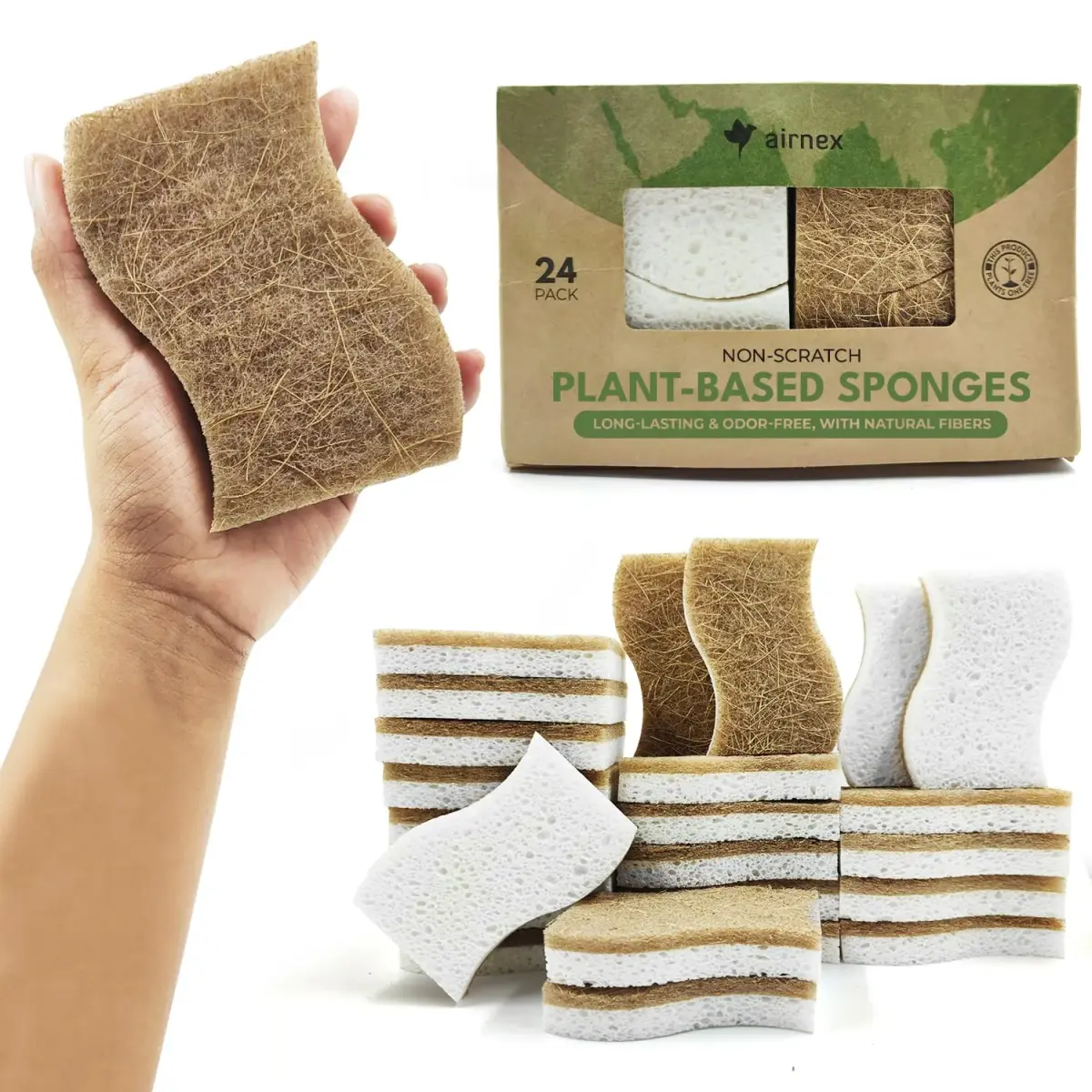 AIRNEX Natural Kitchen Sponges 24 Pack | Biodegradable Cellulose & Coconut Scrubber Utility Sponge - main product image