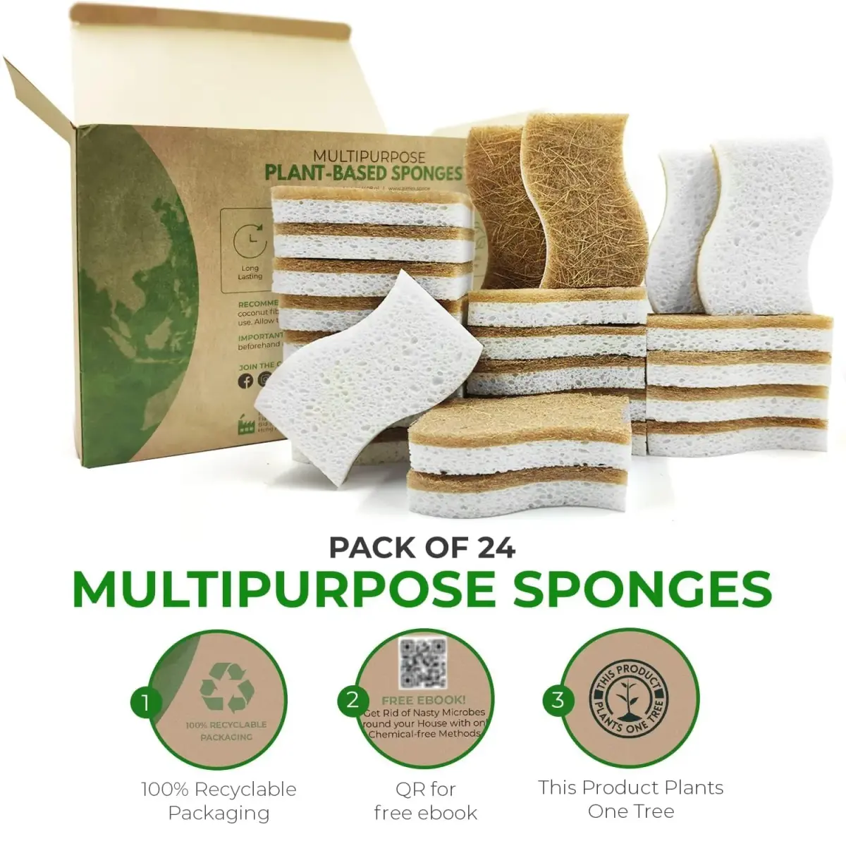 AIRNEX Natural Kitchen Sponges 24 Pack | Biodegradable Cellulose & Coconut Scrubber Utility Sponge - view 3