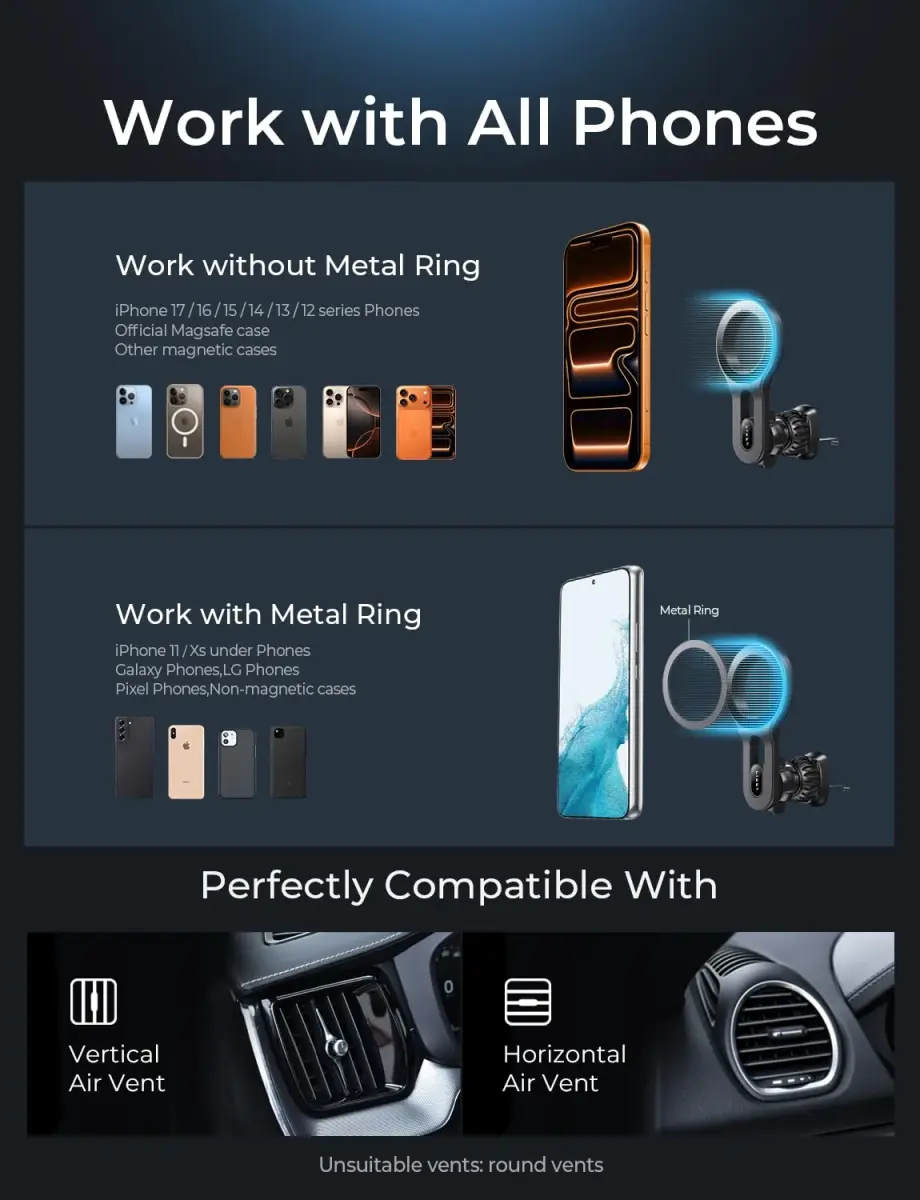 LISEN MagSafe Car Mount for iPhone 17 Pro Max, Black | Super Magnetic Air Vent Phone Holder - view 9
