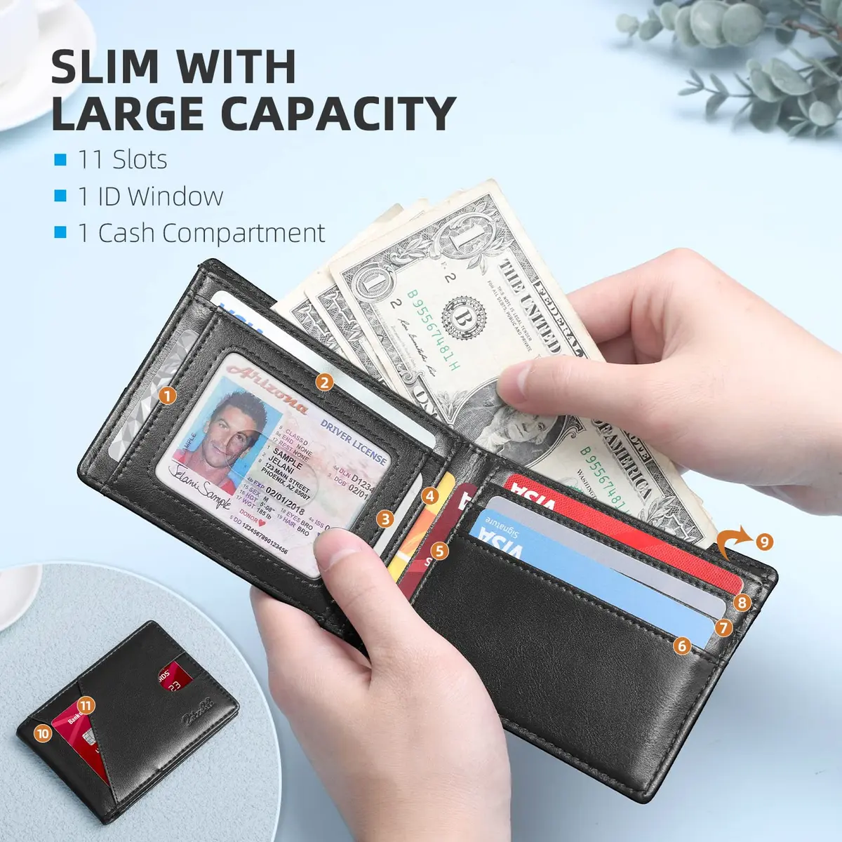 Zitahli Slim Wallet for Men Bifold 11 Card Holder | RFID Blocking Minimalist Front Pocket Design (Classic Black) - view 3