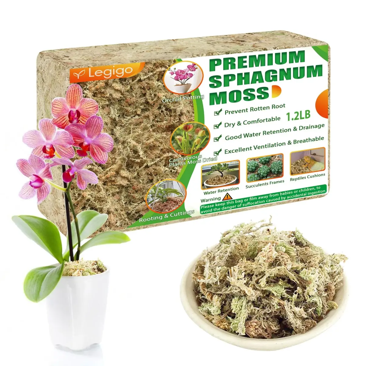 Legigo Premium Sphagnum Moss for Plants — 20 Quarts (Appx. 1.2 lb / 0.5 kg) | Natural Long Fiber Orchid & Succulent Soil - main product image