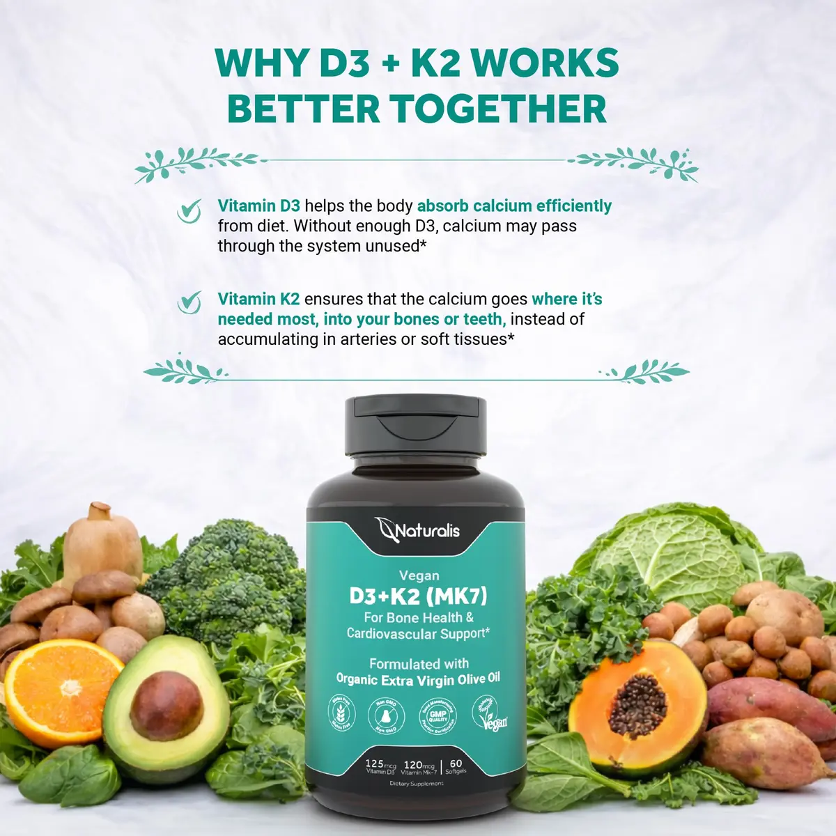 Naturalis Vegan Vitamin D3+K2 from Algae | 5000 IU D3 with 120mcg MK7 | Better Support for Bone & Immune Health* | 60 Softgels - view 5