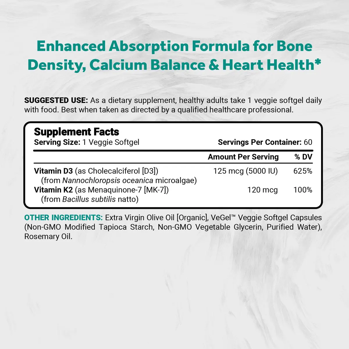 Naturalis Vegan Vitamin D3+K2 from Algae | 5000 IU D3 with 120mcg MK7 | Better Support for Bone & Immune Health* | 60 Softgels - view 2
