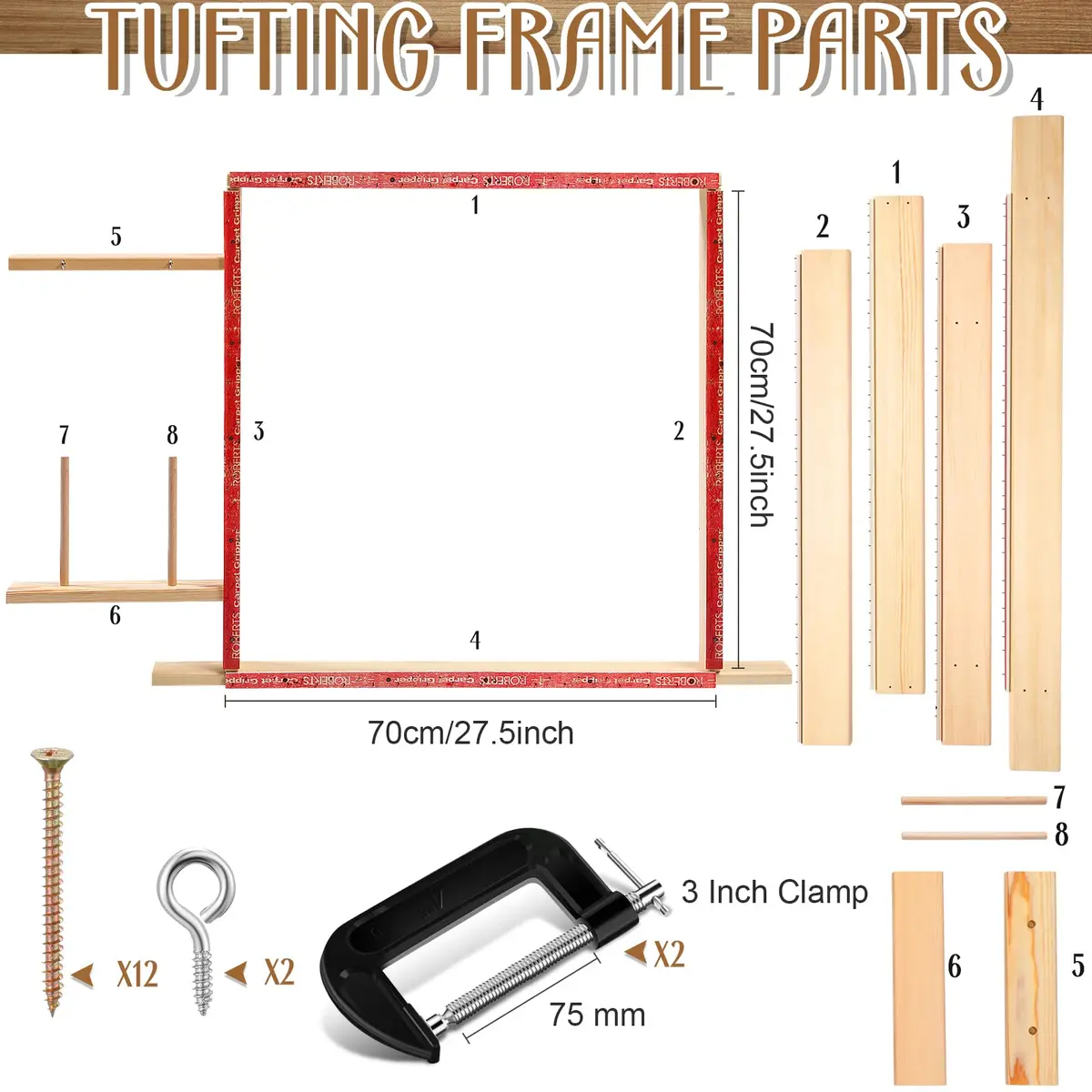 Yalikop Rug Making Frame, Tufting Frame for Rug Making 75x75cm | Wooden Stand with Tack Strips & Clamps - view 2