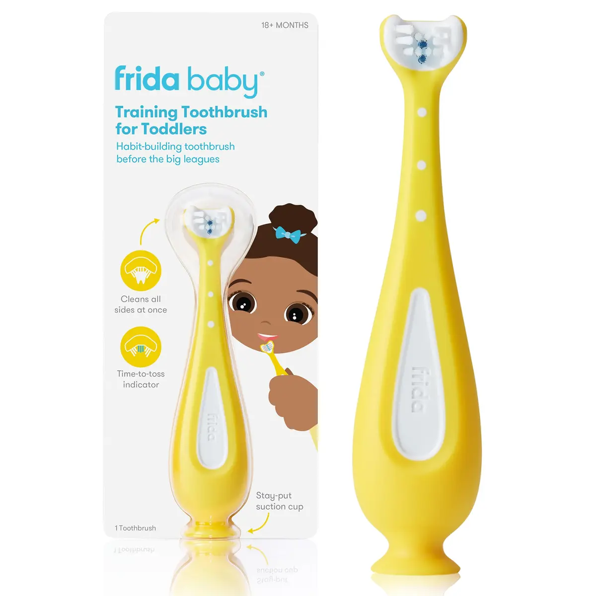 Frida Baby Training Toothbrush for Toddlers | Triple-Angle Bristles, Silicone Handle, Stay-Put Suction Cup (Yellow) - main product image