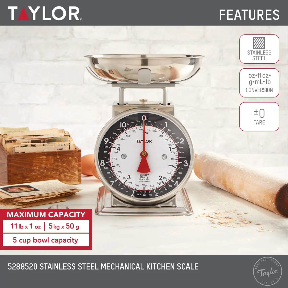 Taylor Vintage Mechanical Kitchen Scale 5 kg (11 lb) with Bowl | Battery-Free Precision for Baking and Meal Prep - view 2