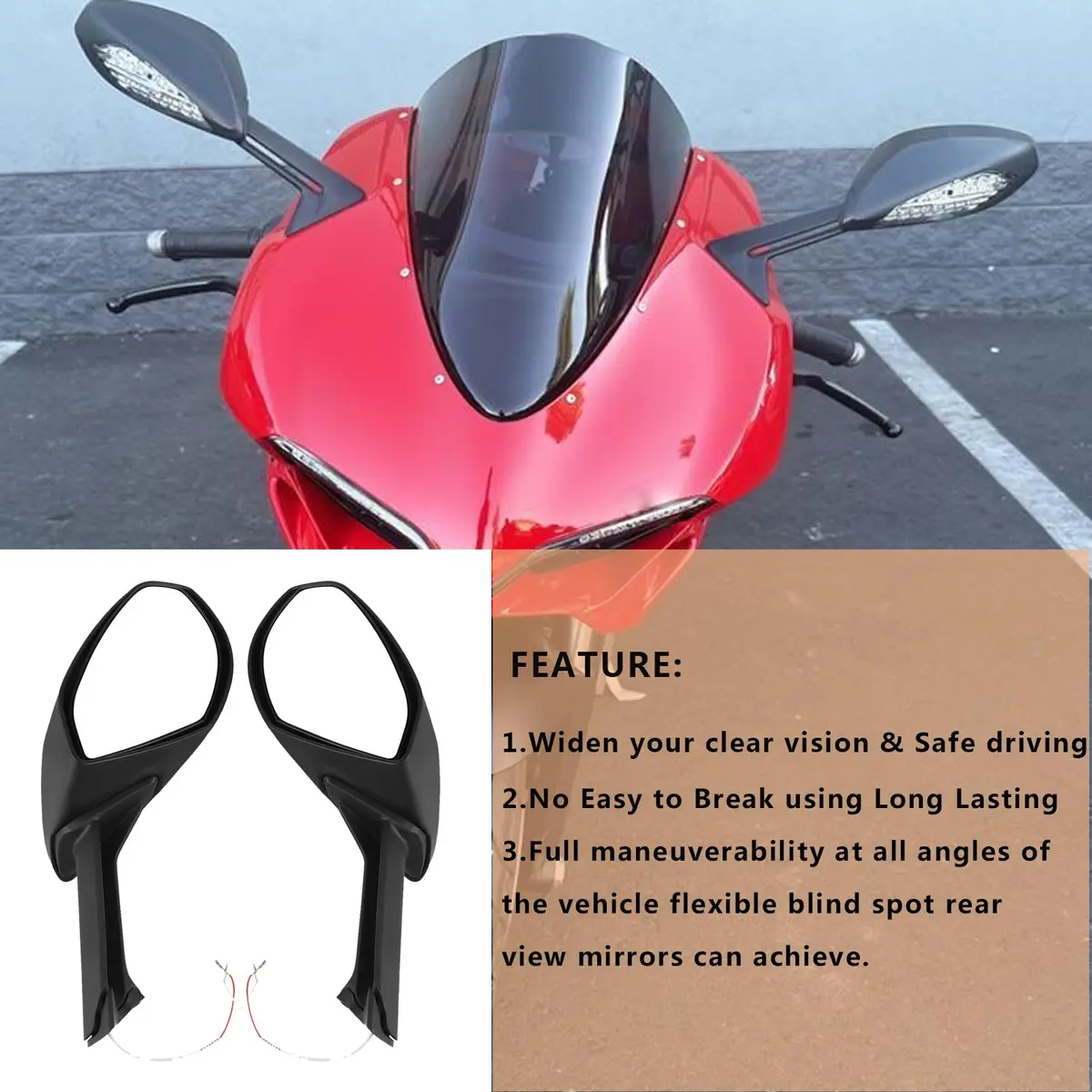 Worldmotop Motorcycle Rearview Mirrors Pair | Black ABS High Impact Shell & Acrylic Glass Lens - view 3