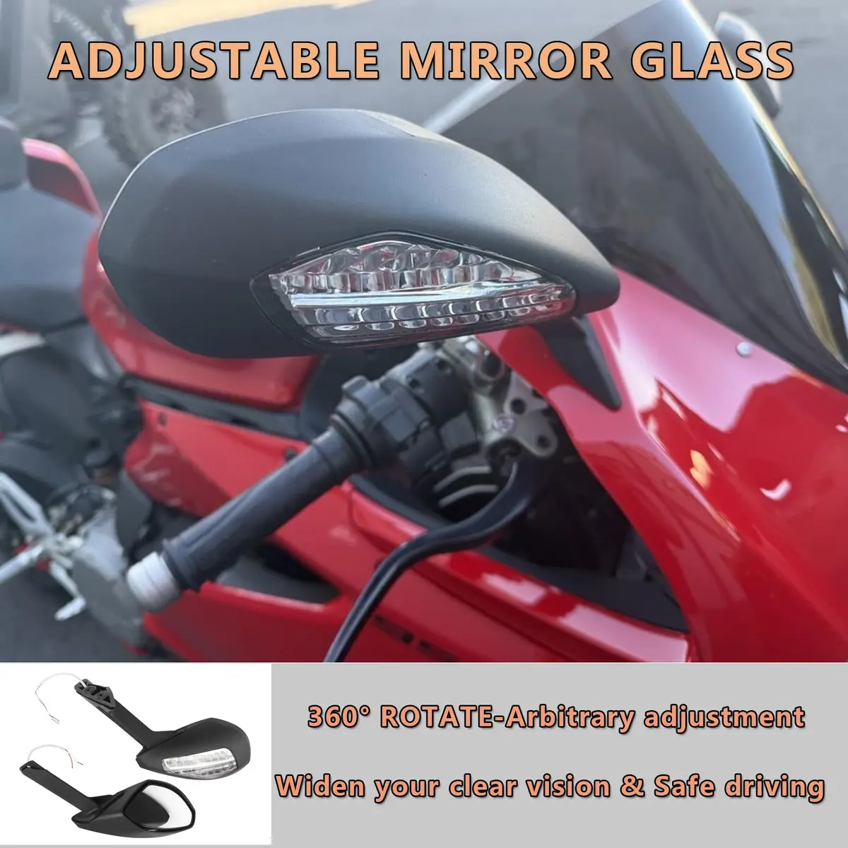 Worldmotop Motorcycle Rearview Mirrors Pair | Black ABS High Impact Shell & Acrylic Glass Lens - view 4