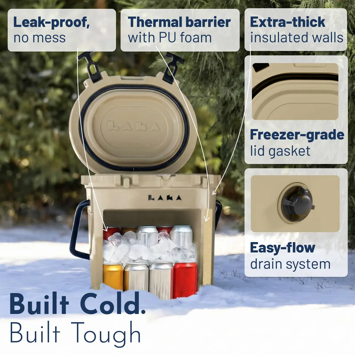 LAKA 20 Quart Rotomolded Cooler | Insulated Ice Chest for Beach & Camping, Holds 18 Cans + 25 lb Ice, Up to 3 Days Cold - view 5