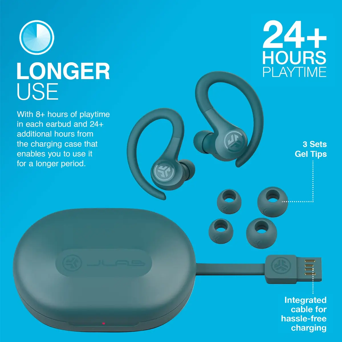 JLab Go Air Sport Wireless Earbuds Teal | 32+ Hour Bluetooth Playtime, Secure Earhook Fit, IP55 Sweatproof - view 5