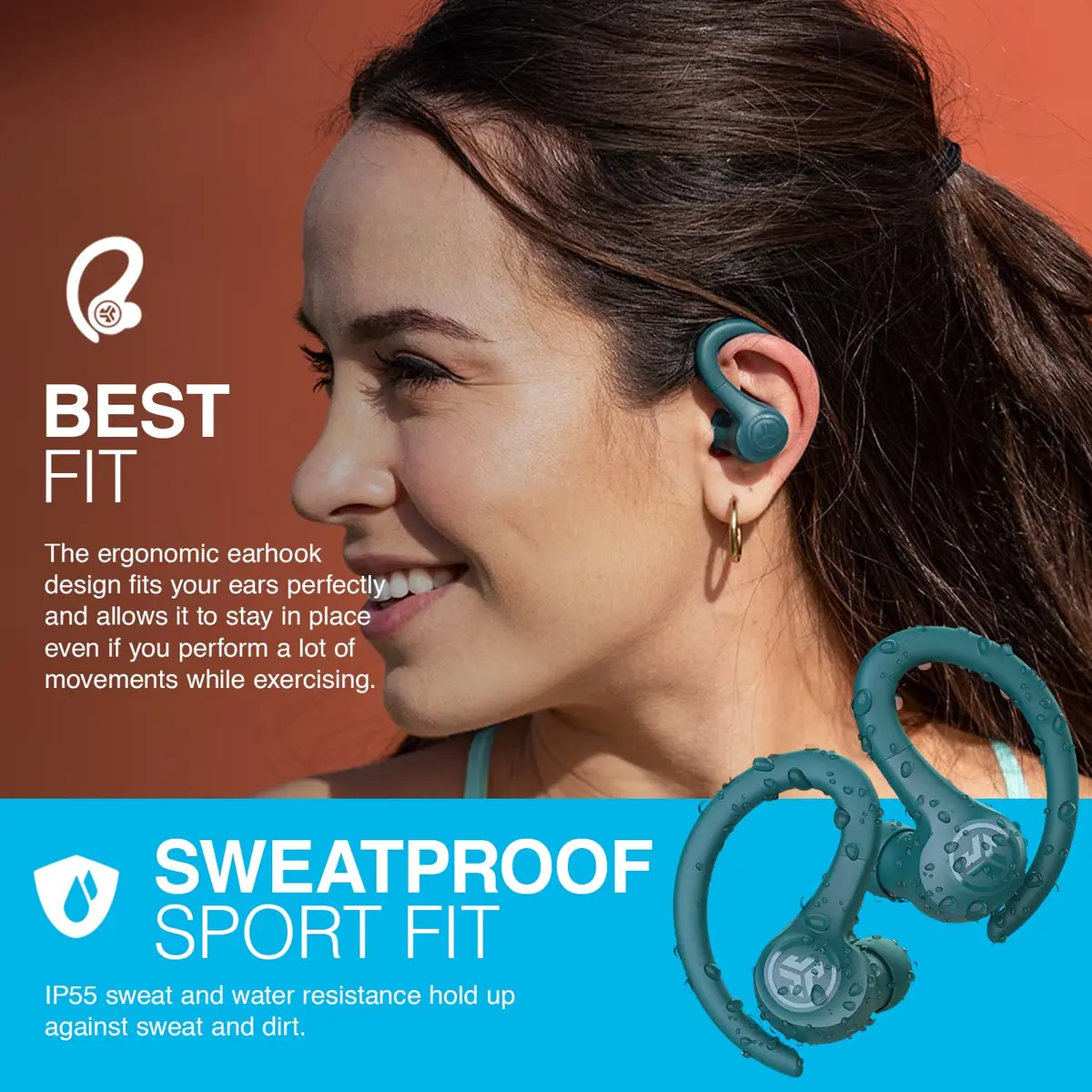 JLab Go Air Sport Wireless Earbuds Teal | 32+ Hour Bluetooth Playtime, Secure Earhook Fit, IP55 Sweatproof - view 6