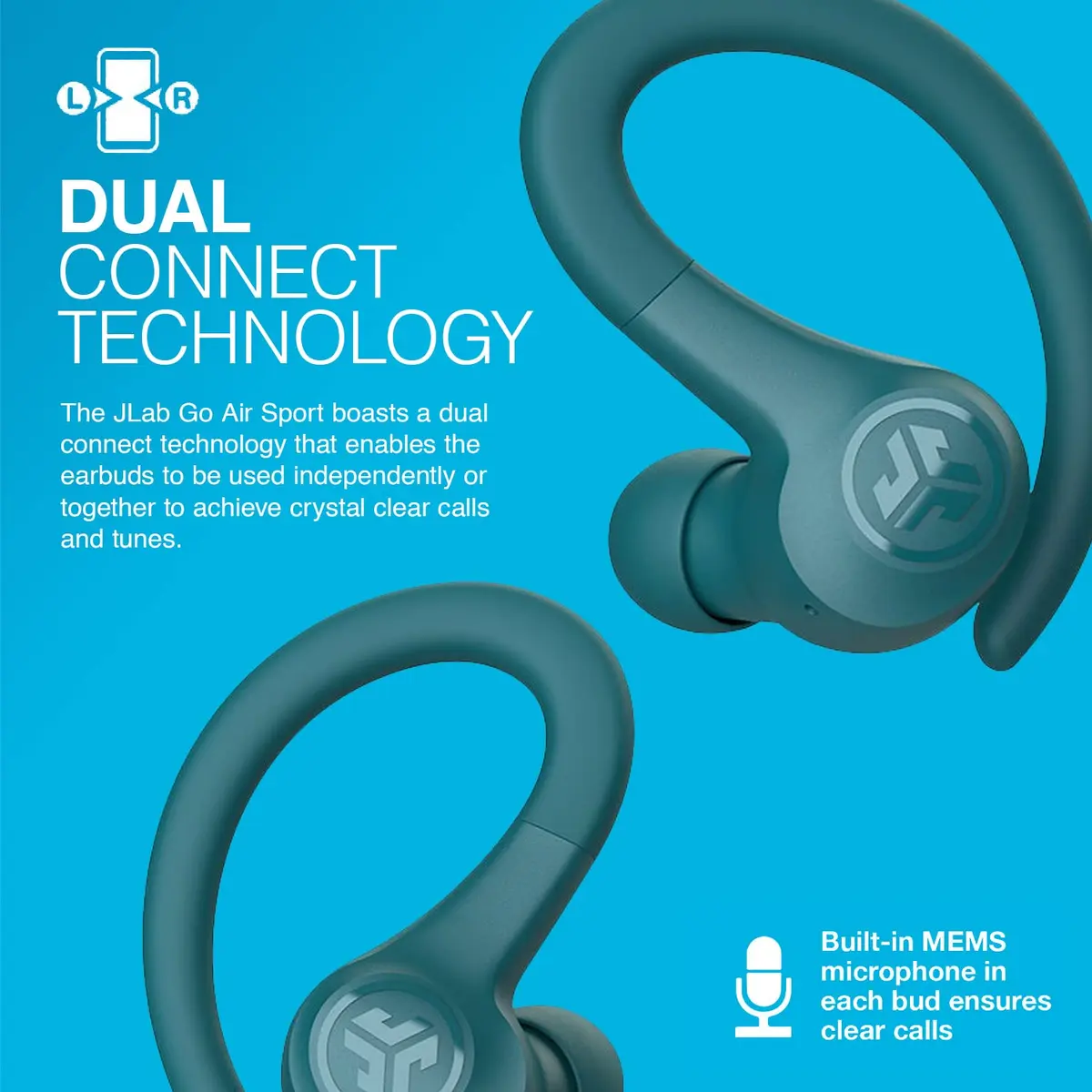 JLab Go Air Sport Wireless Earbuds Teal | 32+ Hour Bluetooth Playtime, Secure Earhook Fit, IP55 Sweatproof - view 3
