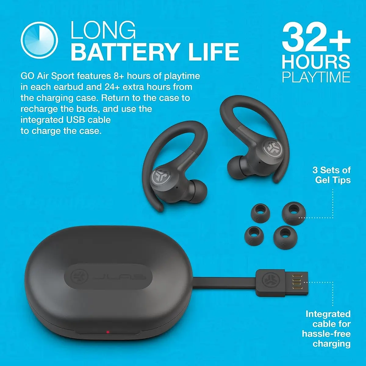 JLab Go Air Sport Wireless Workout Earbuds with C3 Calling & 32+ Hour Playtime, Graphite (6mm Dynamic Driver) - view 6