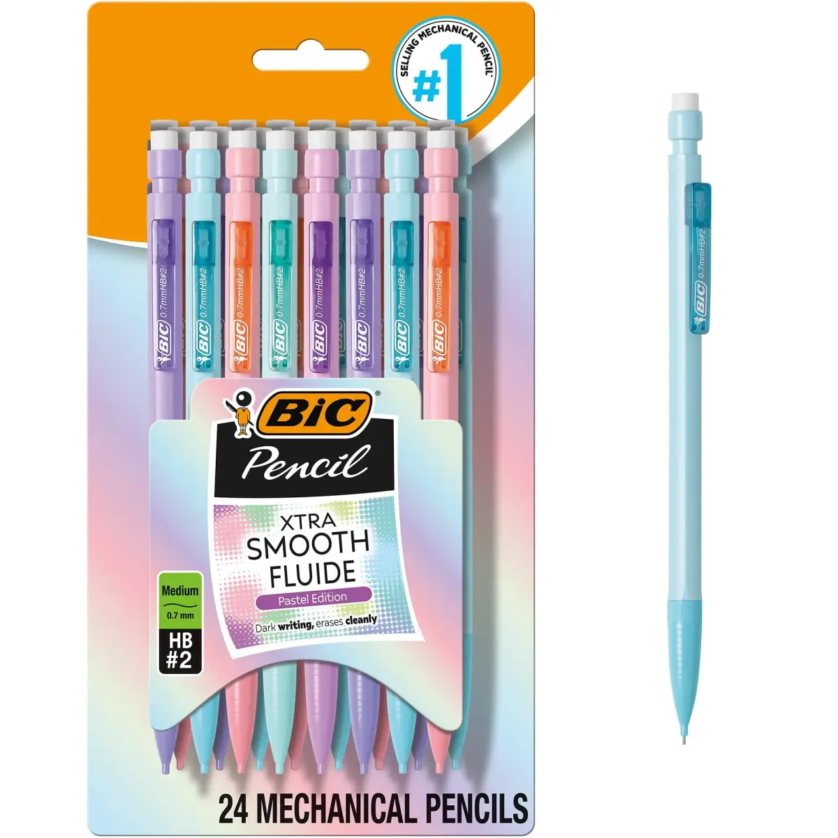 BIC Xtra-Smooth Pastel Mechanical Pencils, Medium Point, 0.7mm, 24-Count Pack | Smooth Writing for Students & Office - main product image