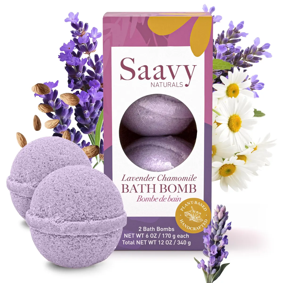 Saavy Naturals Bath Bombs – Relaxing Foaming Fizz Bubbles, Organic Bath Bombs for Women and Kids with Jojoba Oil - Gentle for Sensitive Skin - Made in USA - Lavender Chamomile (1 Pack) - 12 oz - main product image