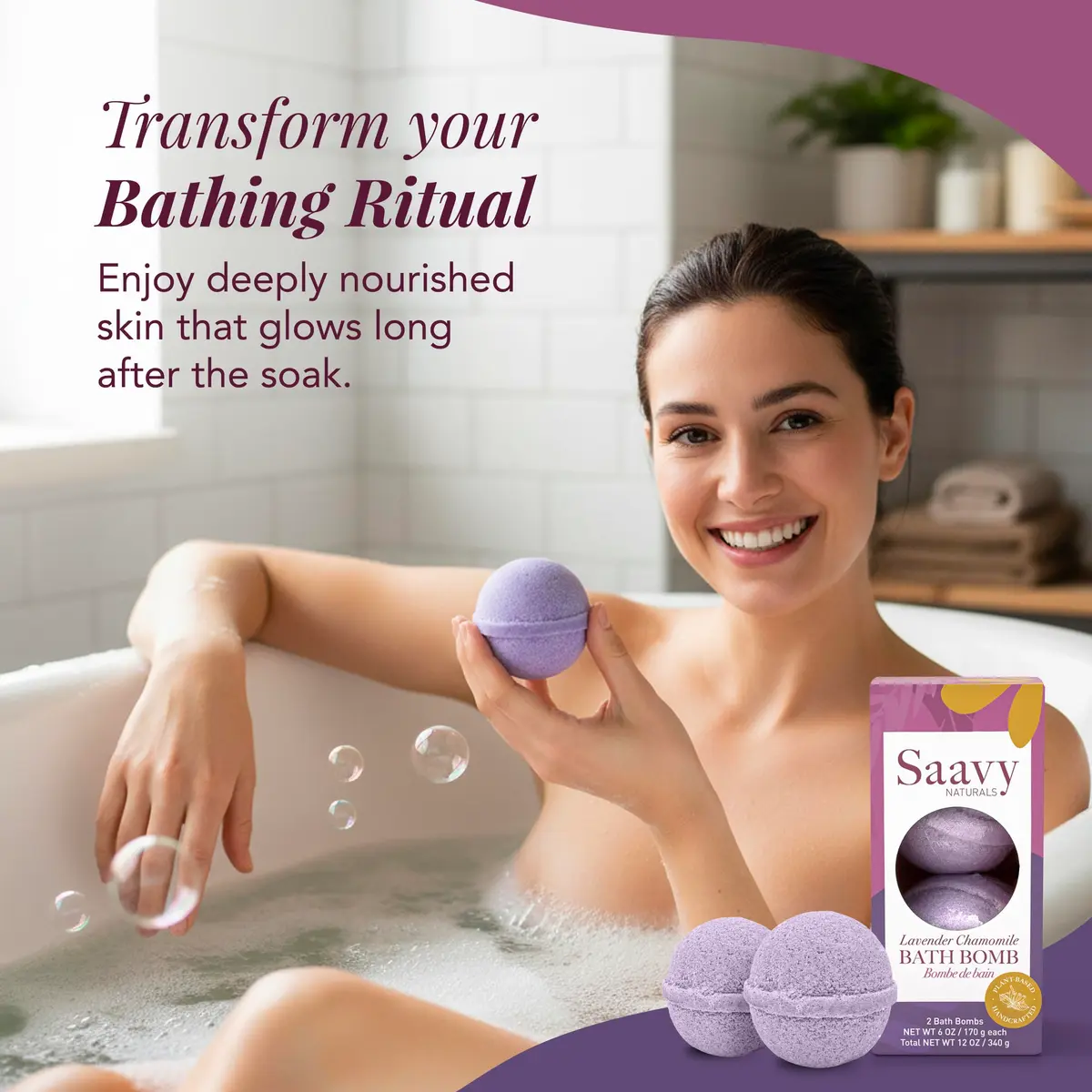Saavy Naturals Bath Bombs – Relaxing Foaming Fizz Bubbles, Organic Bath Bombs for Women and Kids with Jojoba Oil - Gentle for Sensitive Skin - Made in USA - Lavender Chamomile (1 Pack) - 12 oz - view 2