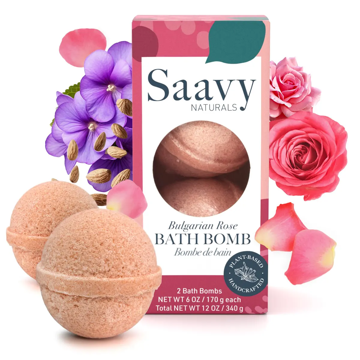 Saavy Naturals Organic Bath Bombs – Relaxing Foaming Fizz, Bulgarian Rose, 12 oz | Gentle for Sensitive Skin - main product image