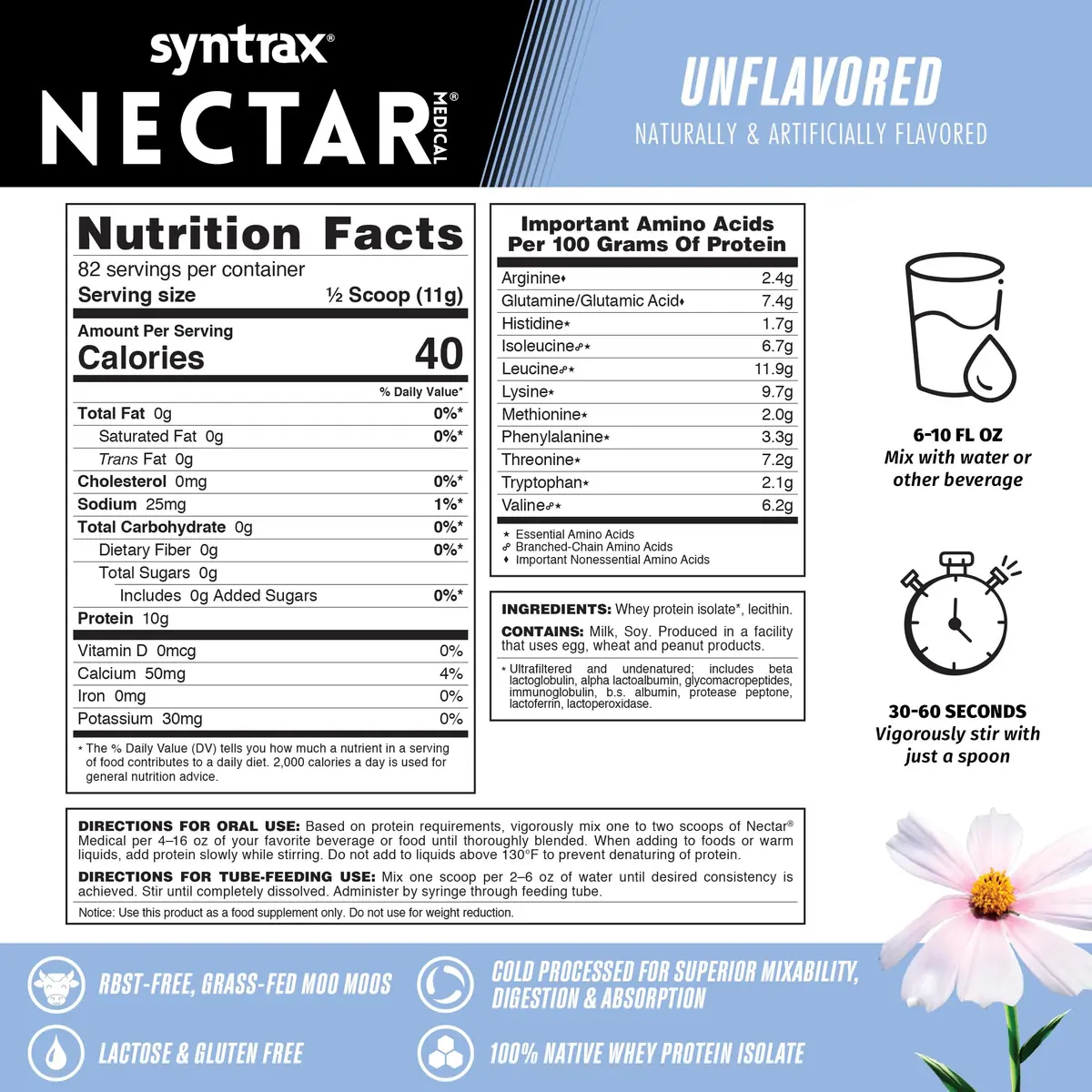 Syntrax Nectar Medical, Pure Whey Isolate Protein Powder, Unflavored, 2 lb | Native whey, lactose & gluten free, 10g protein - view 2