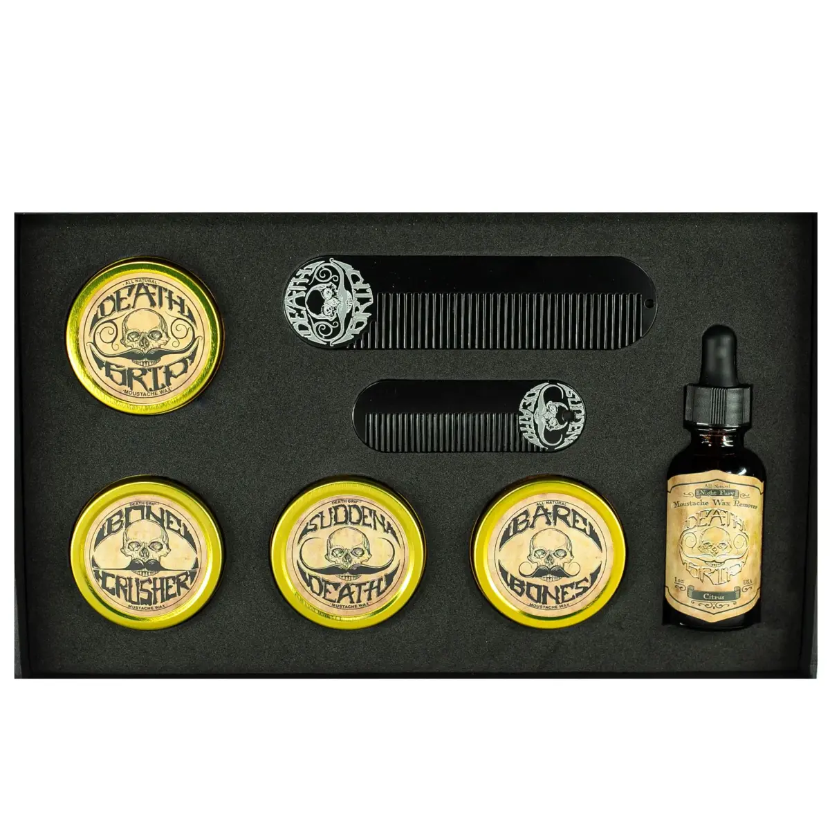 THE VINTAGE GROOMING CO. Gold Standard Mustache Kit - 4 x 1 oz Wax, 2 Combs, 1 Remover Oil | Strong Hold for Unruly Mustaches - main product image