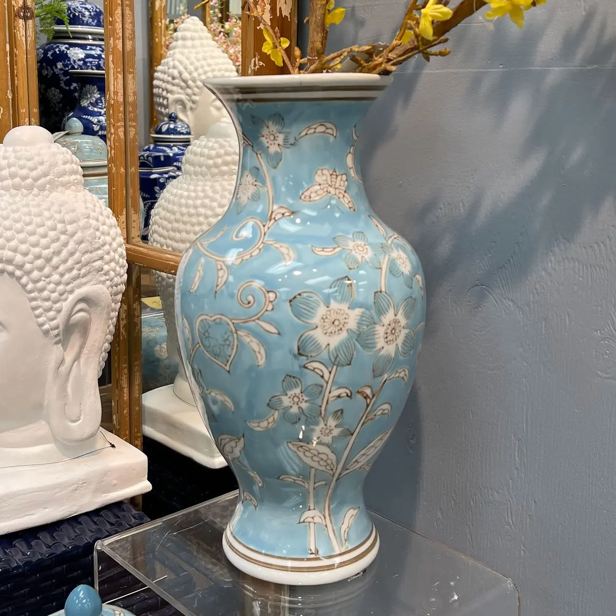 Galt International Light Blue and White Flower & Heart Chinoiserie Ceramic Vase 14" | Elegant Antique Style Home Decor - view 4