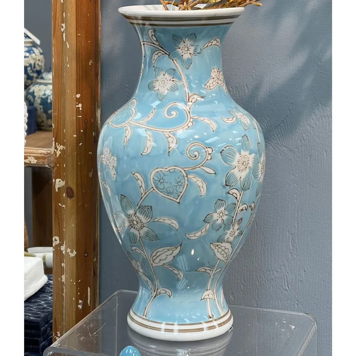 Galt International Light Blue and White Flower & Heart Chinoiserie Ceramic Vase 14" | Elegant Antique Style Home Decor - view 5