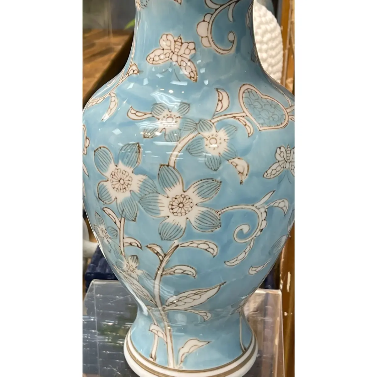 Galt International Light Blue and White Flower & Heart Chinoiserie Ceramic Vase 14" | Elegant Antique Style Home Decor - view 6