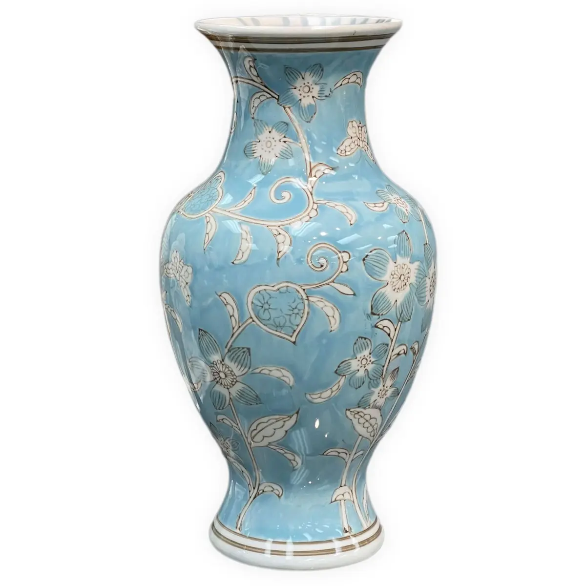 Galt International Light Blue and White Flower & Heart Chinoiserie Ceramic Vase 14" | Elegant Antique Style Home Decor - main product image