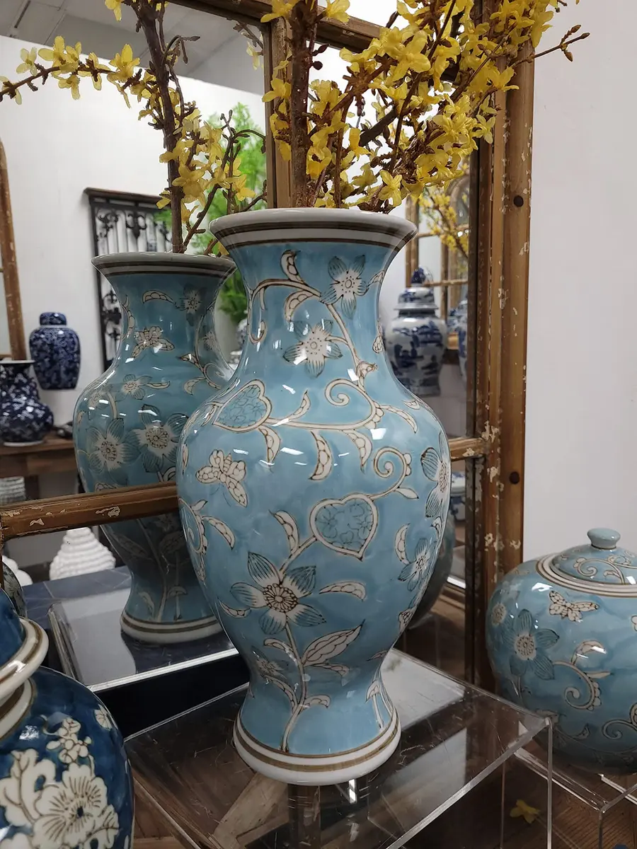 Galt International Light Blue and White Flower & Heart Chinoiserie Ceramic Vase 14" | Elegant Antique Style Home Decor - view 3