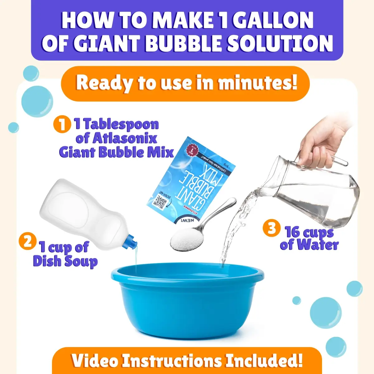 Atlasonix Giant Bubble Wand Set with 2 Gallons Bubble Solution Powder | Non-Toxic & Easy to Use for Kids Ages 3+ - view 4