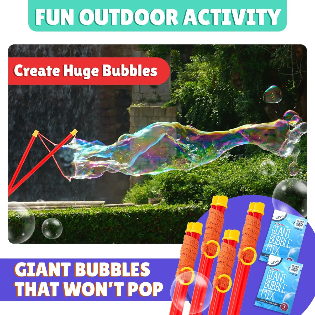 Atlasonix Giant Bubble Wand Set with 2 Gallons Bubble Solution Powder | Non-Toxic & Easy to Use for Kids Ages 3+ - view 7