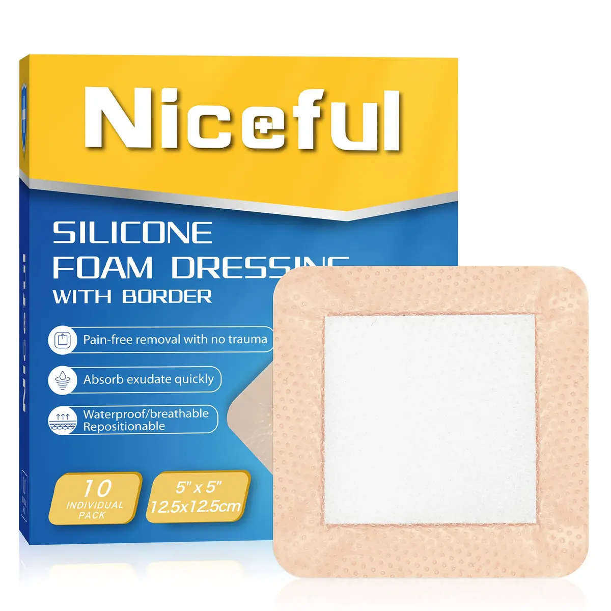 Niceful Silicone Foam Dressing 5"x5" (10 Pcs) | Gentle Adhesive for Sensitive Skin - main product image