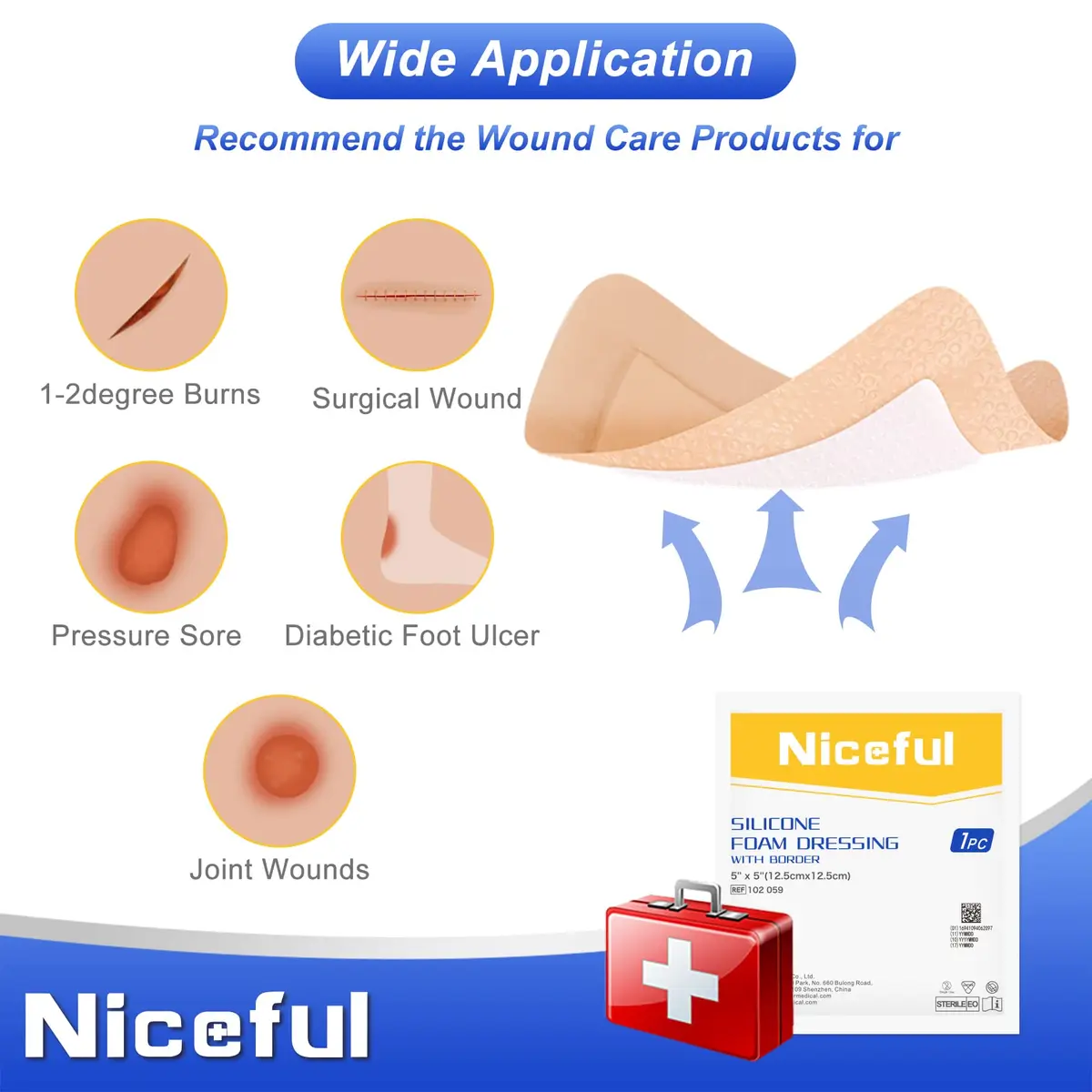 Niceful Silicone Foam Dressing 5"x5" (10 Pcs) | Gentle Adhesive for Sensitive Skin - view 5