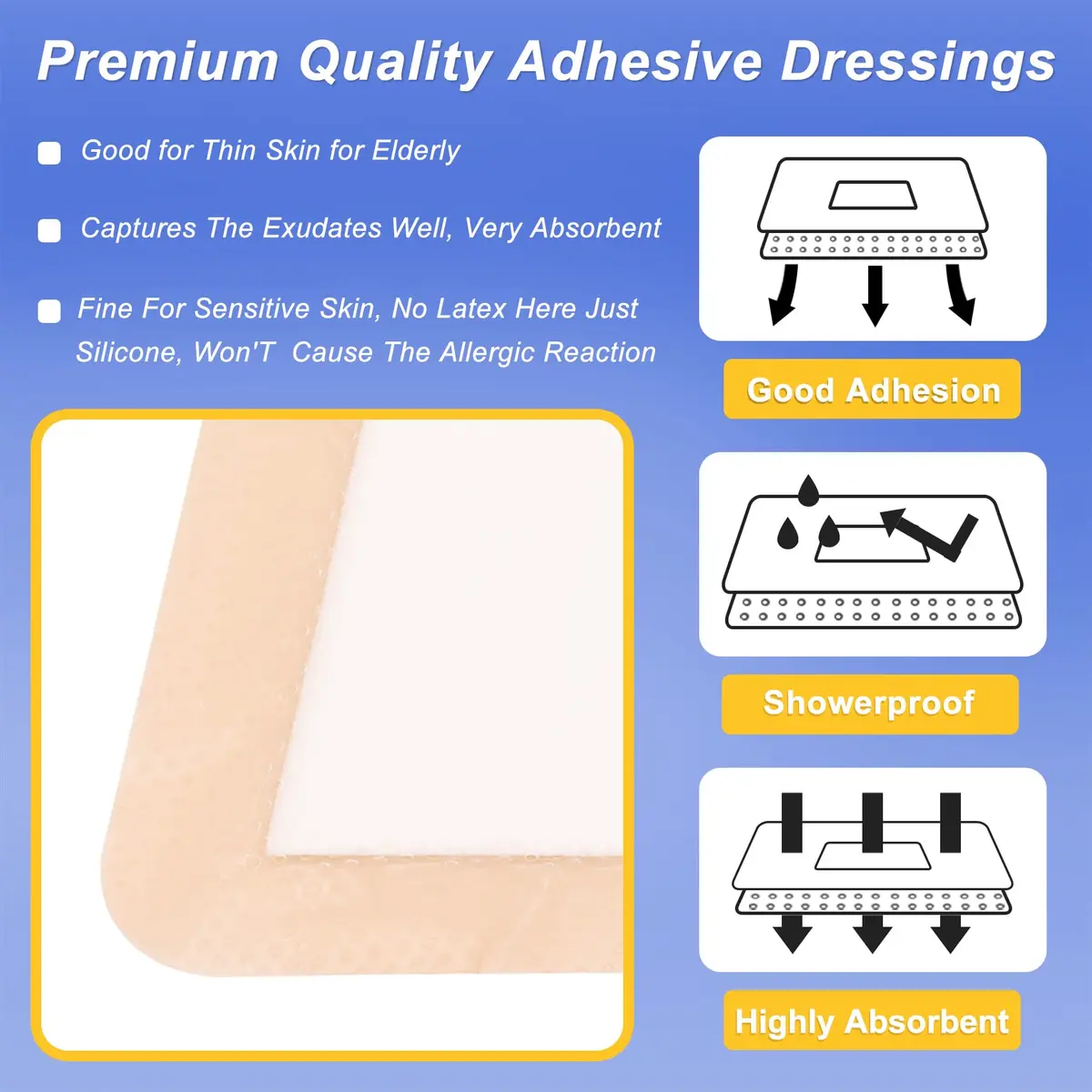 Niceful Silicone Foam Dressing 5"x5" (10 Pcs) | Gentle Adhesive for Sensitive Skin - view 3