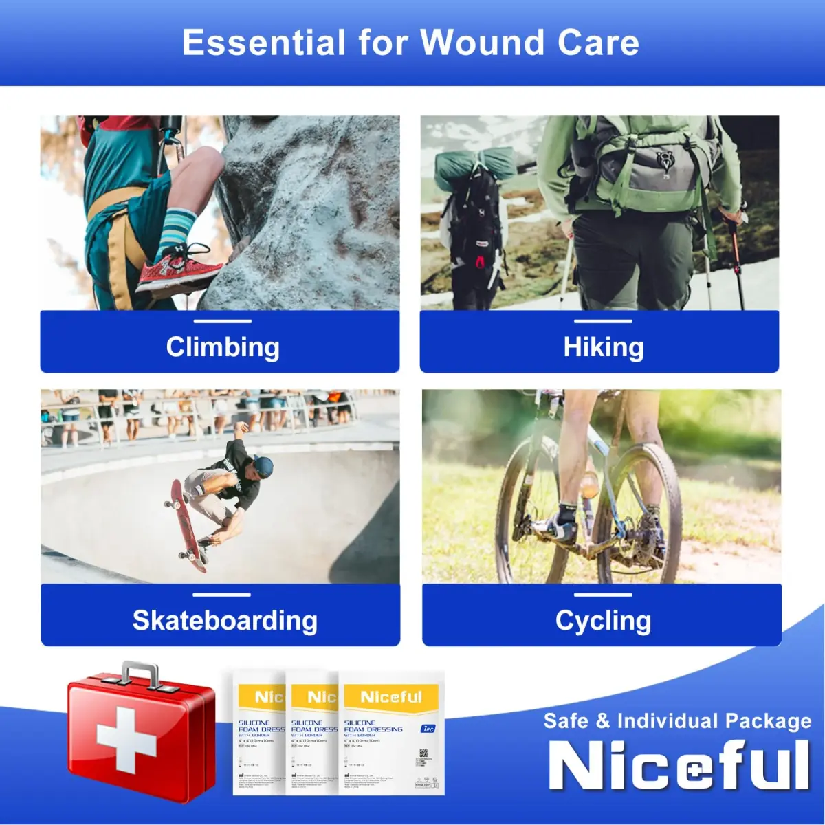 Niceful Silicone Foam Dressing 4"x4" (2.5"x2.5" Pad), 5 Pcs | High Absorbency Wound Care with Border Adhesive - view 5
