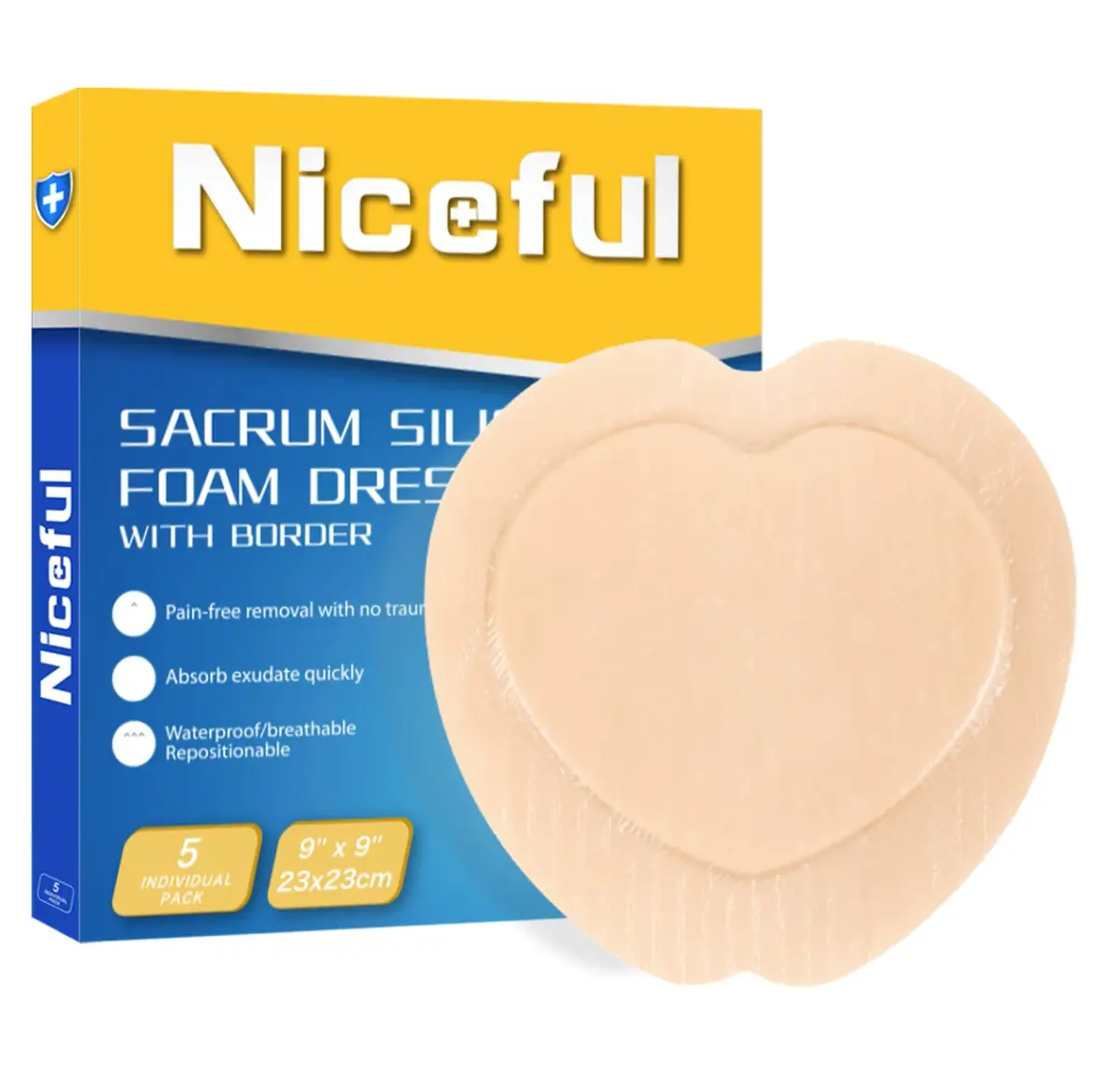Niceful Sacral Silicone Foam Dressing 9"x9" (22.86cm x 22.86cm) 5 PCS | Moist Healing for Bed Sores - main product image