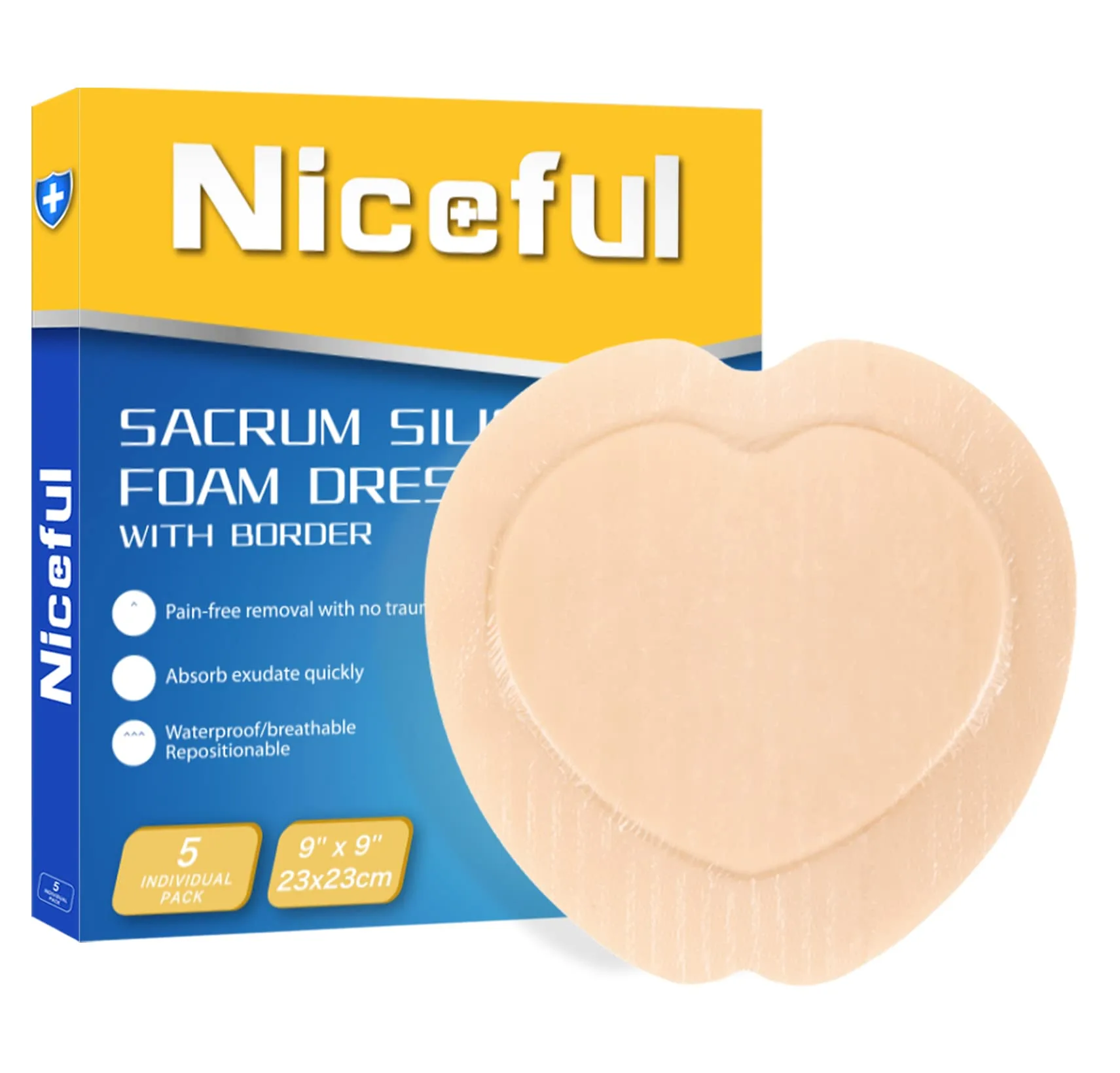 Niceful Sacral Silicone Foam Dressing 9"x9" (5 Count) | Moist Healing for Sacrum Ulcers - main product image