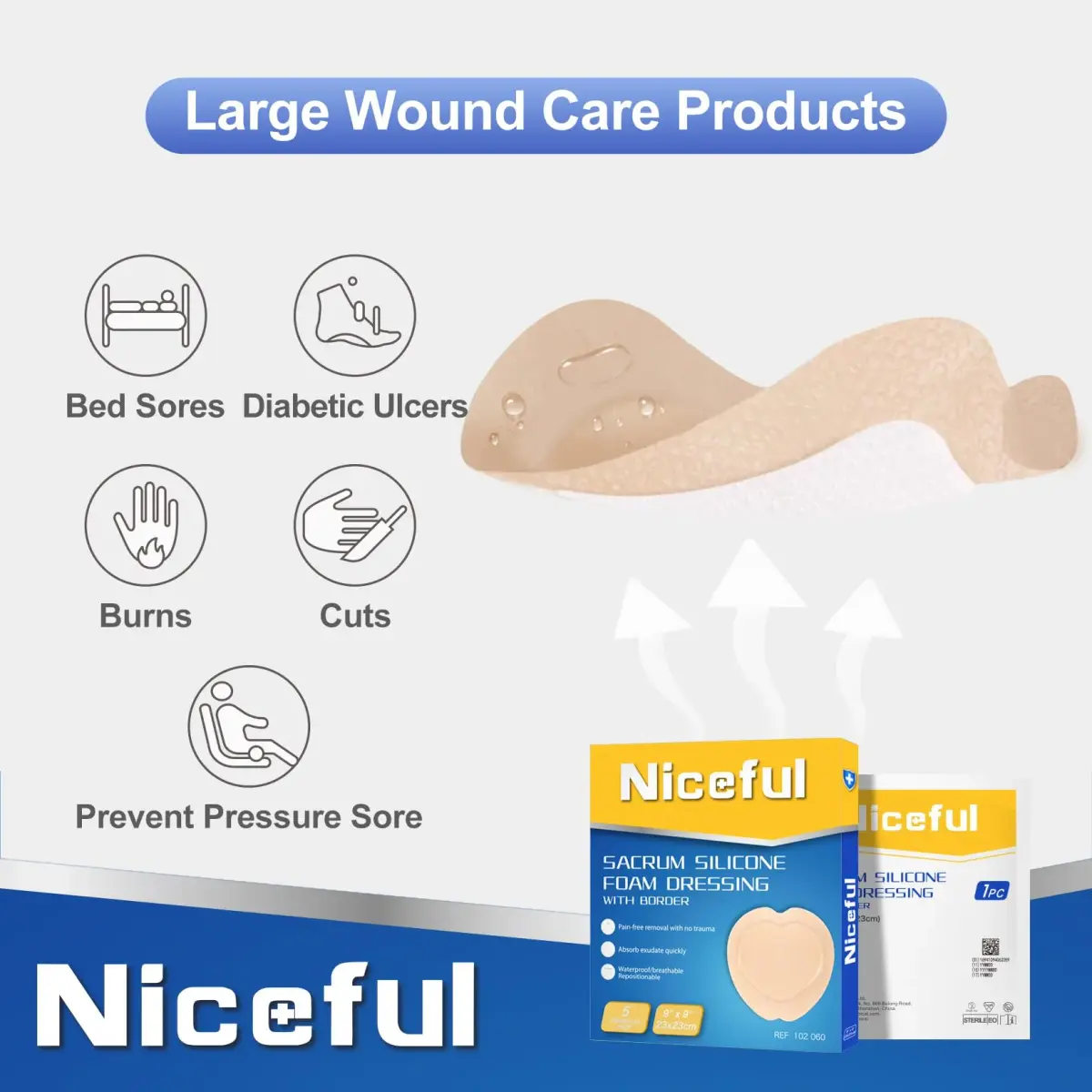Niceful Sacral Silicone Foam Dressing 9"x9" (22.86cm x 22.86cm) 5 PCS | Moist Healing for Bed Sores - view 4
