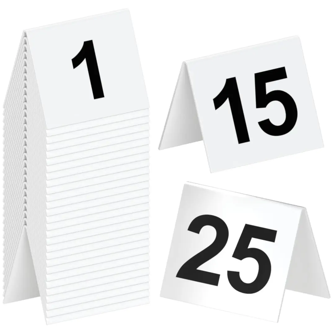 Tapix Restaurant Table Numbers 1-25 White | Durable Plastic Tent Markers for Events - main product image