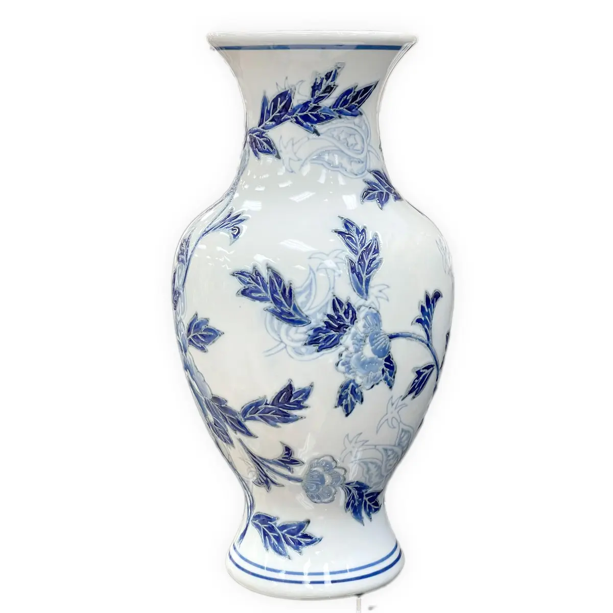Galt International Blue & White Floral Chinoiserie Ceramic Vase 14" | Hand Painted Antique Style - main product image